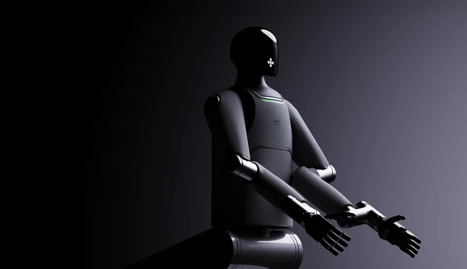 MARK One humanoid robot, seen in profile with both arms extended