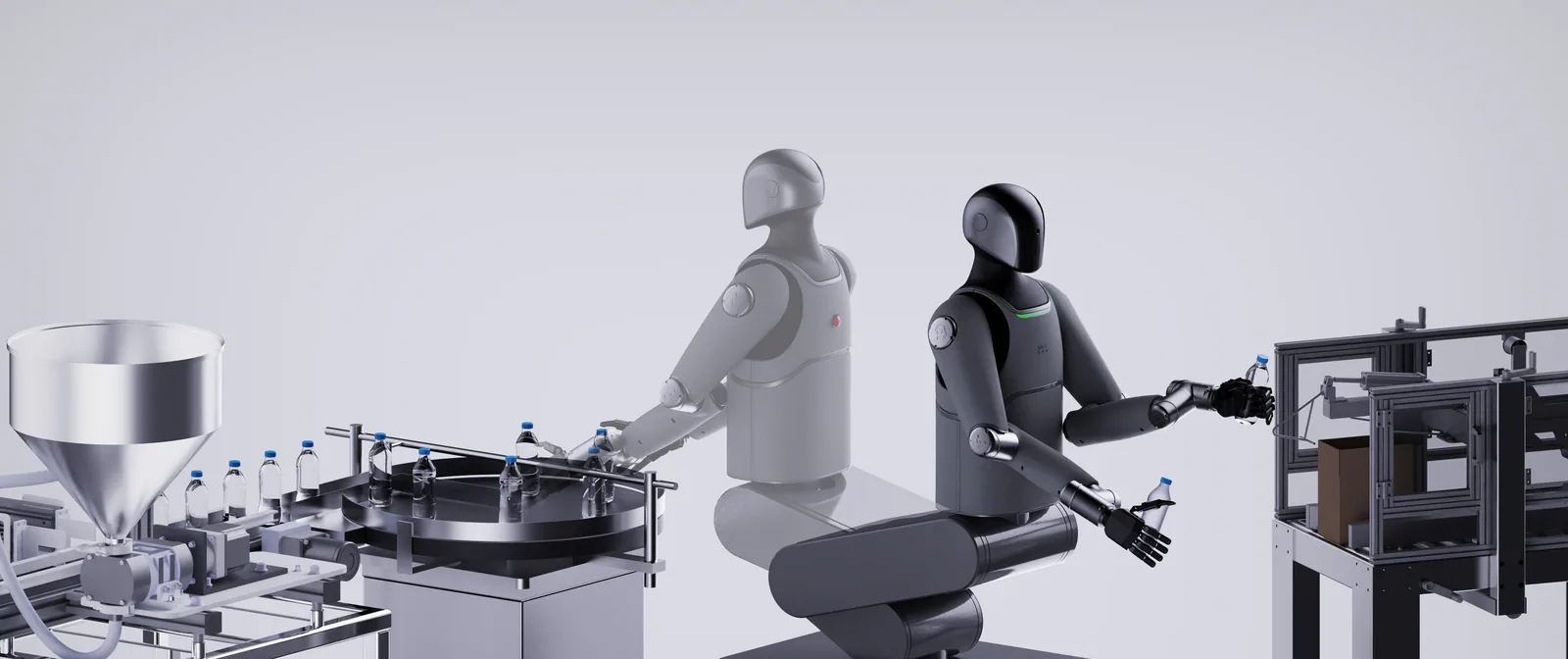 Two MARK One robots working on a bottling line