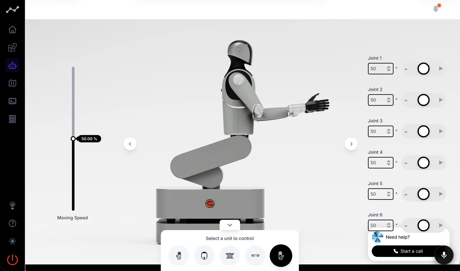 The MARK One interface: joint sliders and a live view of the robot